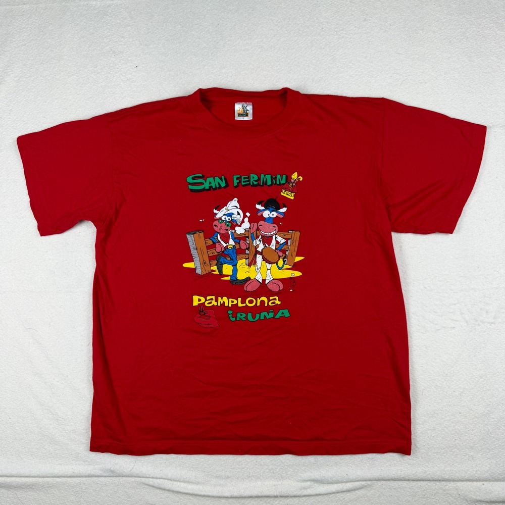 Sun-Line San Fermin Pamplona Iruna Red Graphic T-Shirt Mens Large Vintage Spain